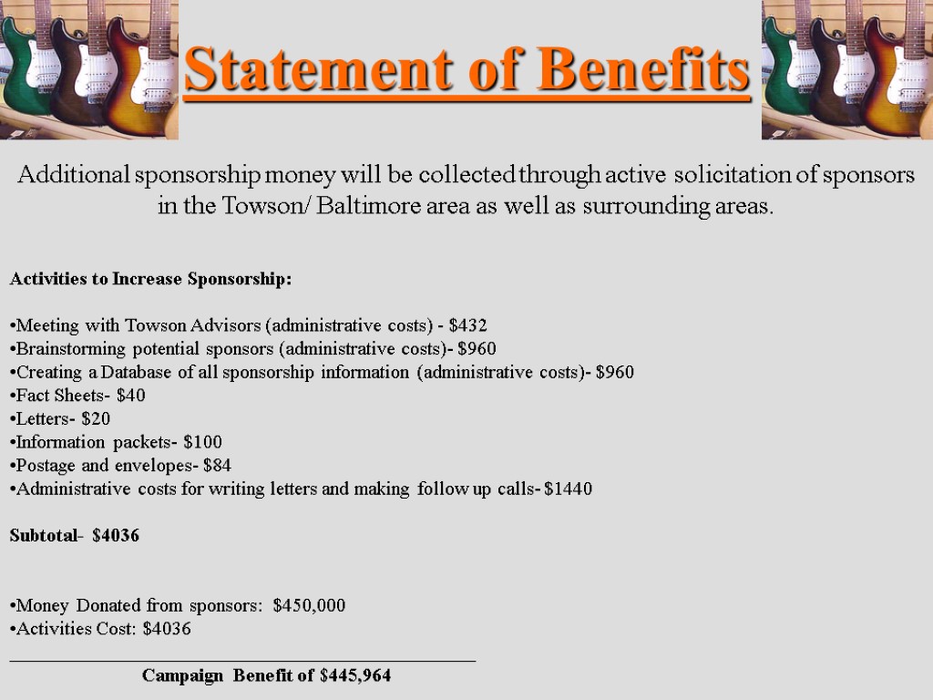 Statement of Benefits Additional sponsorship money will be collected through active solicitation of sponsors